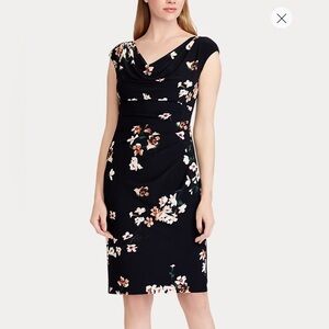 Lauren Ralph Lauren Blue Sheath Midi Dress w/Ruched V-Neck & Flutter Cap Sleeves